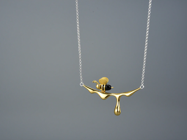 Lotus Fun 18K Gold Bee and Dripping Honey Pendant Necklace Real 925 Sterling Silver Handmade Designer Fine Jewelry for Women 11