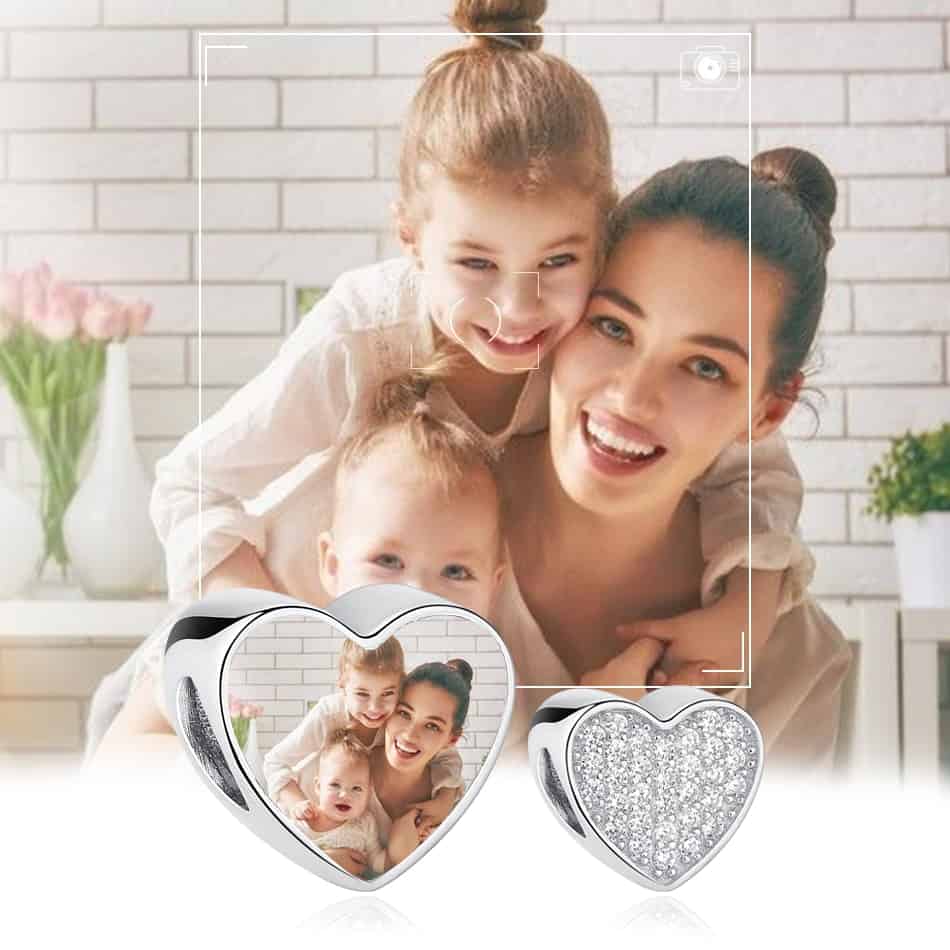 925 Sterling Silver Personalized Heart Round Shape Picture Bead