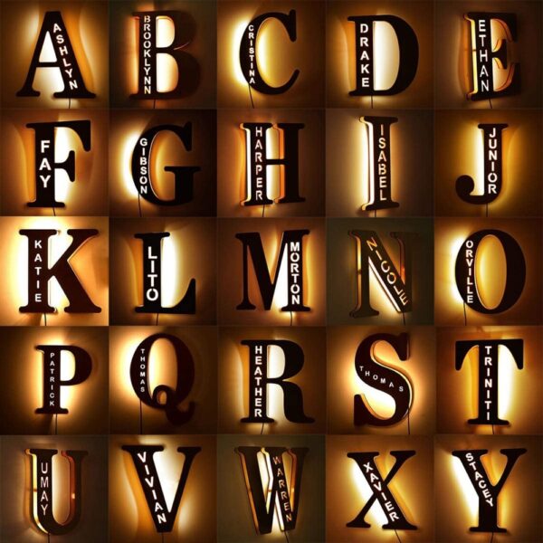 Personalized Wall Decor LED Night Light 26 Letter With Name Sign Light for Couples Baby Room Bedroom Custom Wooden Lamp Engraved 2