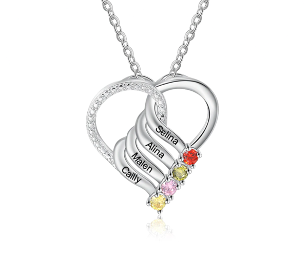 JewelOra Personalized Family Heart Pendant Necklace with 2-6 Birthstones Customized Engraving Name Mother Necklace New Year Gift